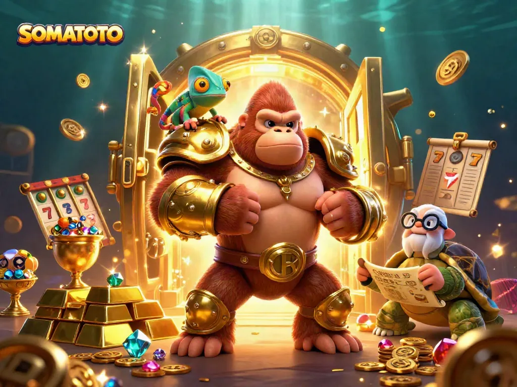 SOMATOTO showcases a vibrant casino scene featuring a powerful gorilla king and treasure, ideal for gamblers.