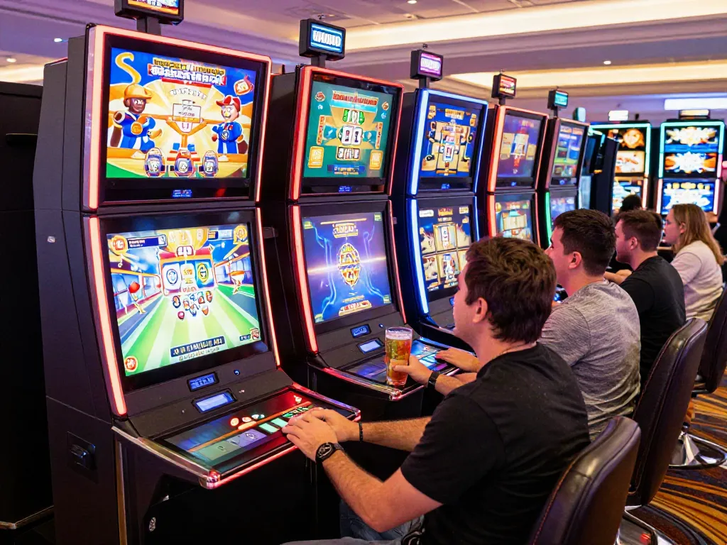 Pengalaman bermain slot online di AHHA4D dengan pemain terlihat antusias dan mesin slot berwarna-warni.