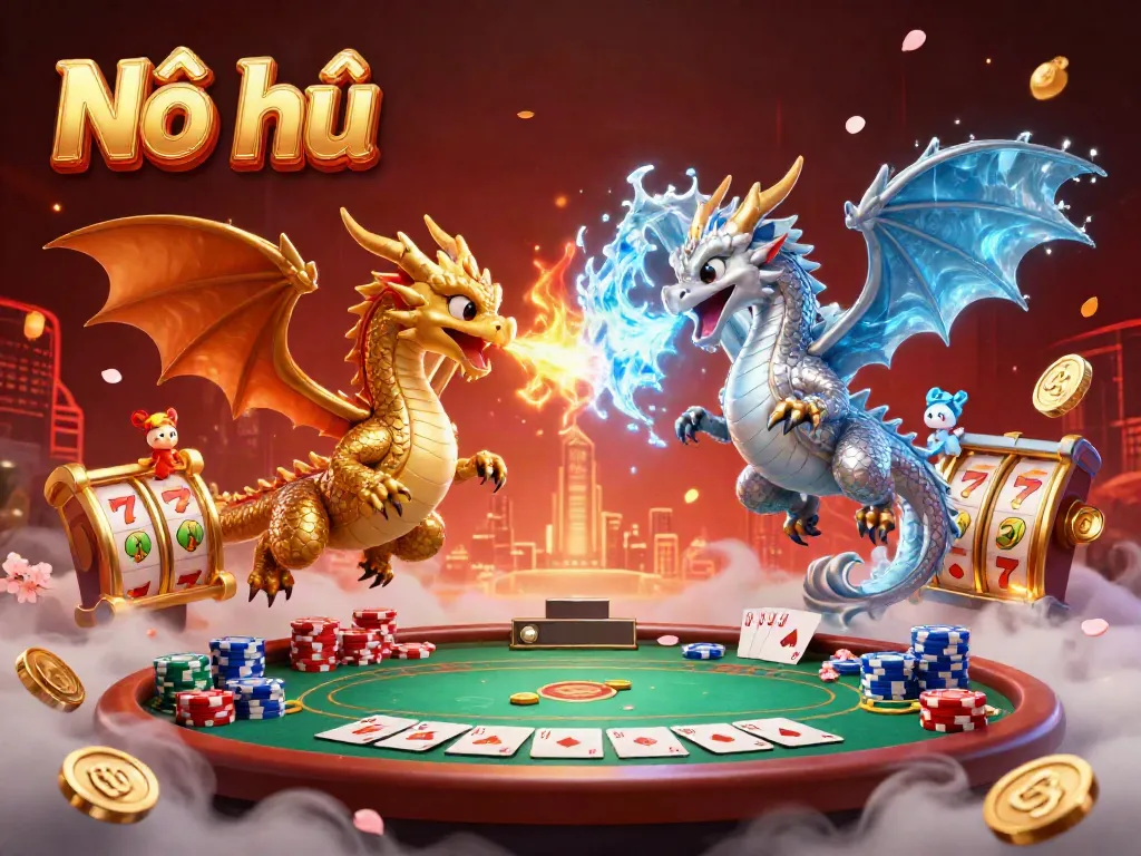 Experience the thrill of Nổ hũ with dual dragons and dynamic slot elements, bringing excitement to gaming.