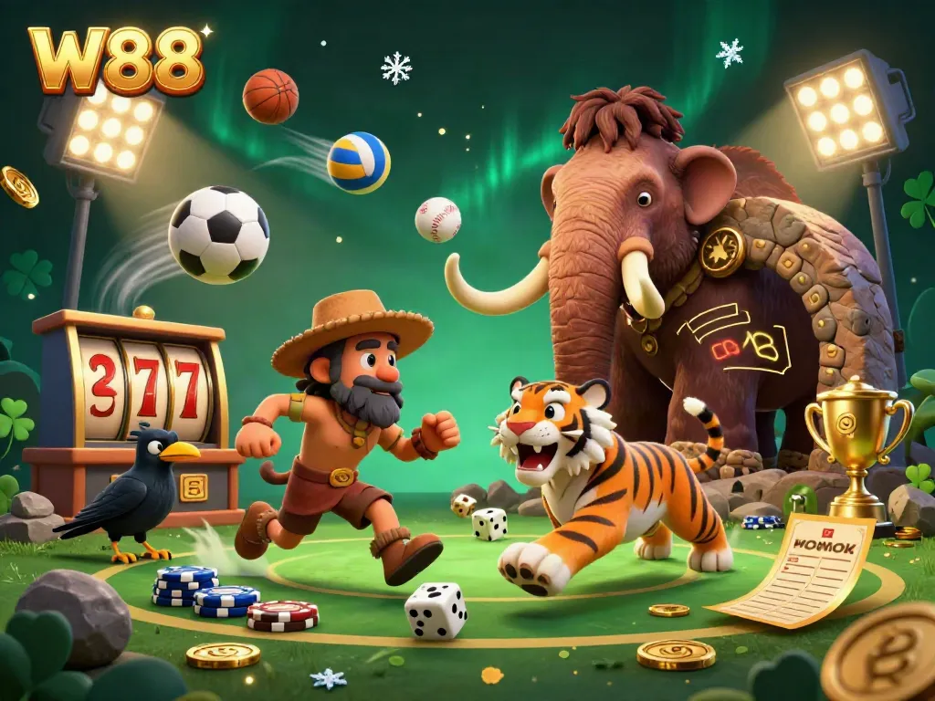 W88 gaming experience with prehistoric characters in a lively casino, featuring stones and sports elements.