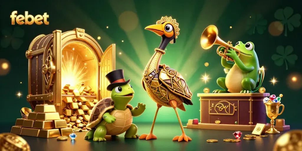 Engage with febet in a vibrant online casino scene filled with treasures, 3D illustrations embodying excitement.