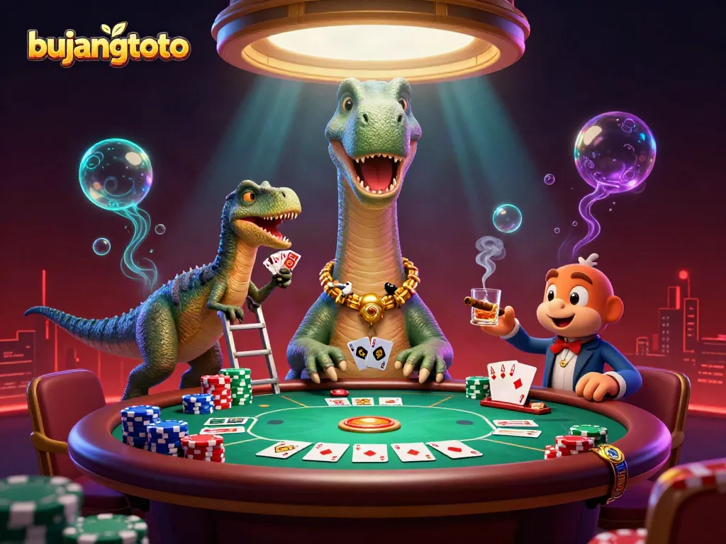 Engage in vibrant bujangtoto gameplay with dinosaurs in a lively casino atmosphere.