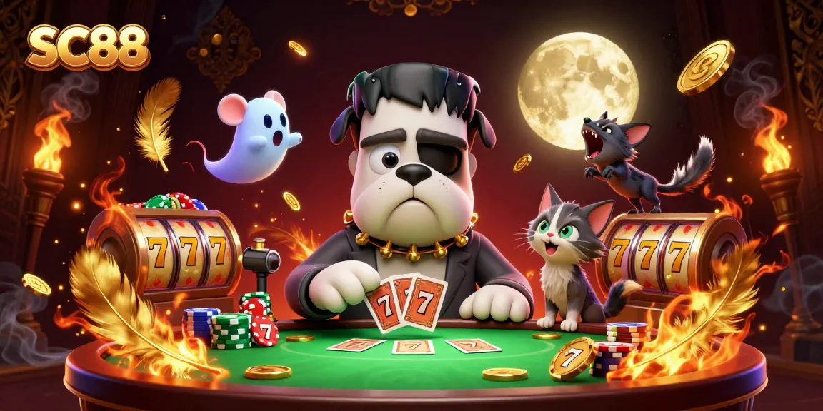 SC88 players enjoy a lively card game with unique characters at a spooky casino table.