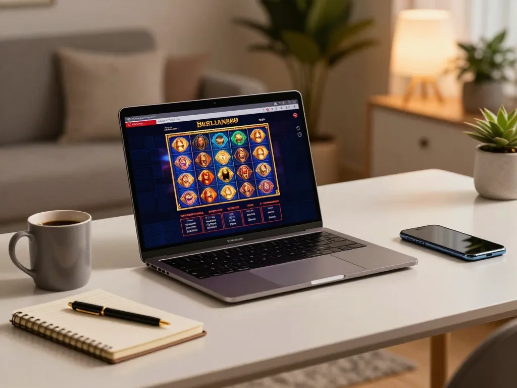 Engaging online gaming session with BERLIAN889 displayed, showcasing colorful slots and a cozy atmosphere.