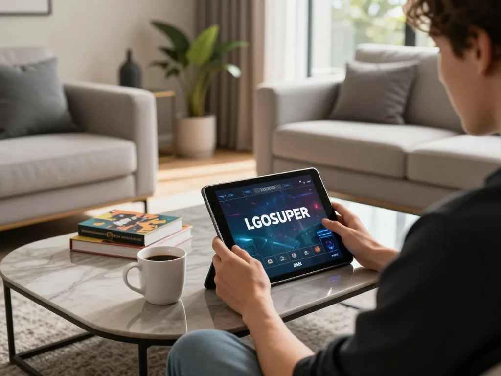 Engaging in LGOSUPER gaming on a tablet in a cozy living room with strategy books.