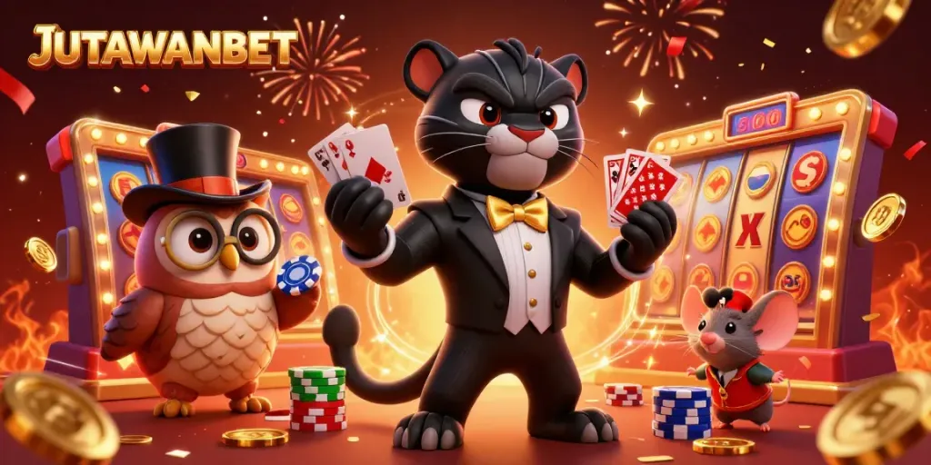 Experience the thrill of JUTAWANBET with stylish characters and dynamic slot games in an engaging casino scene.