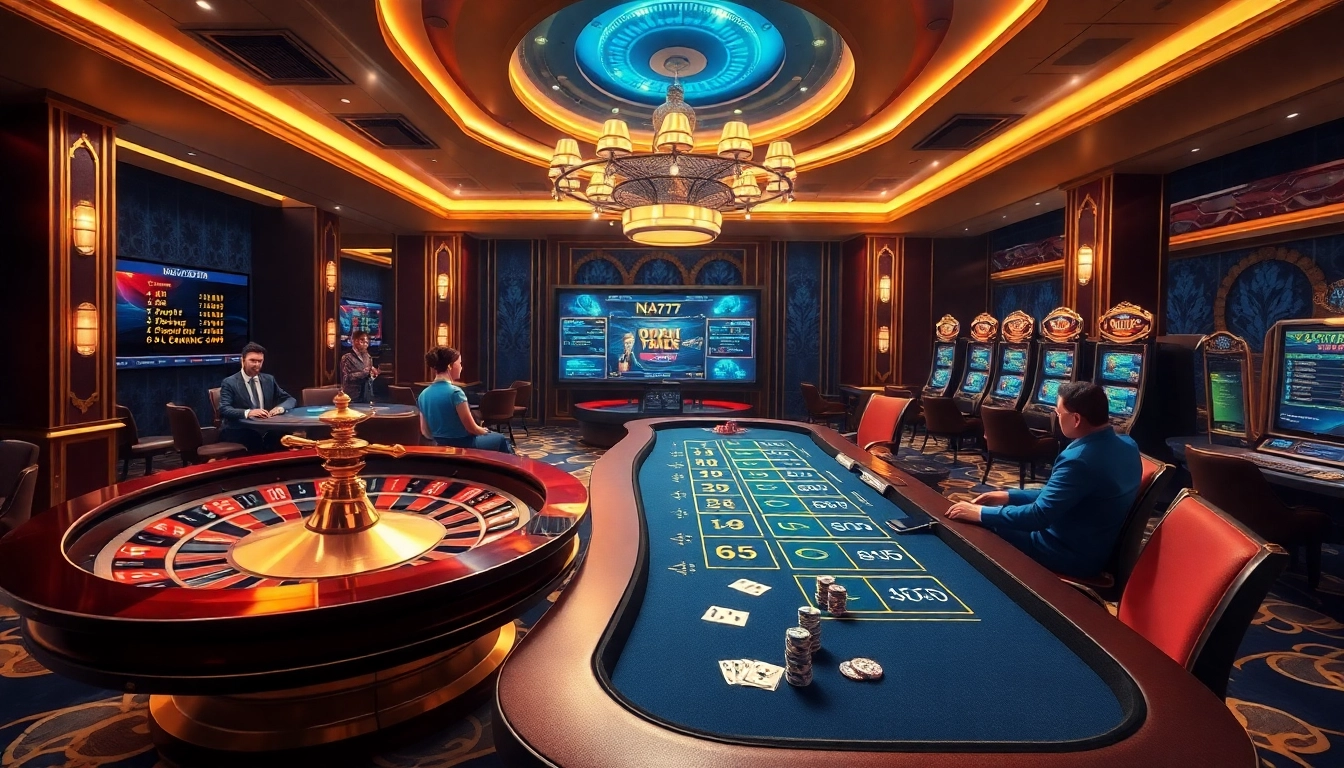 Betting excitement at NA777 with professional dealers and vibrant casino elements.