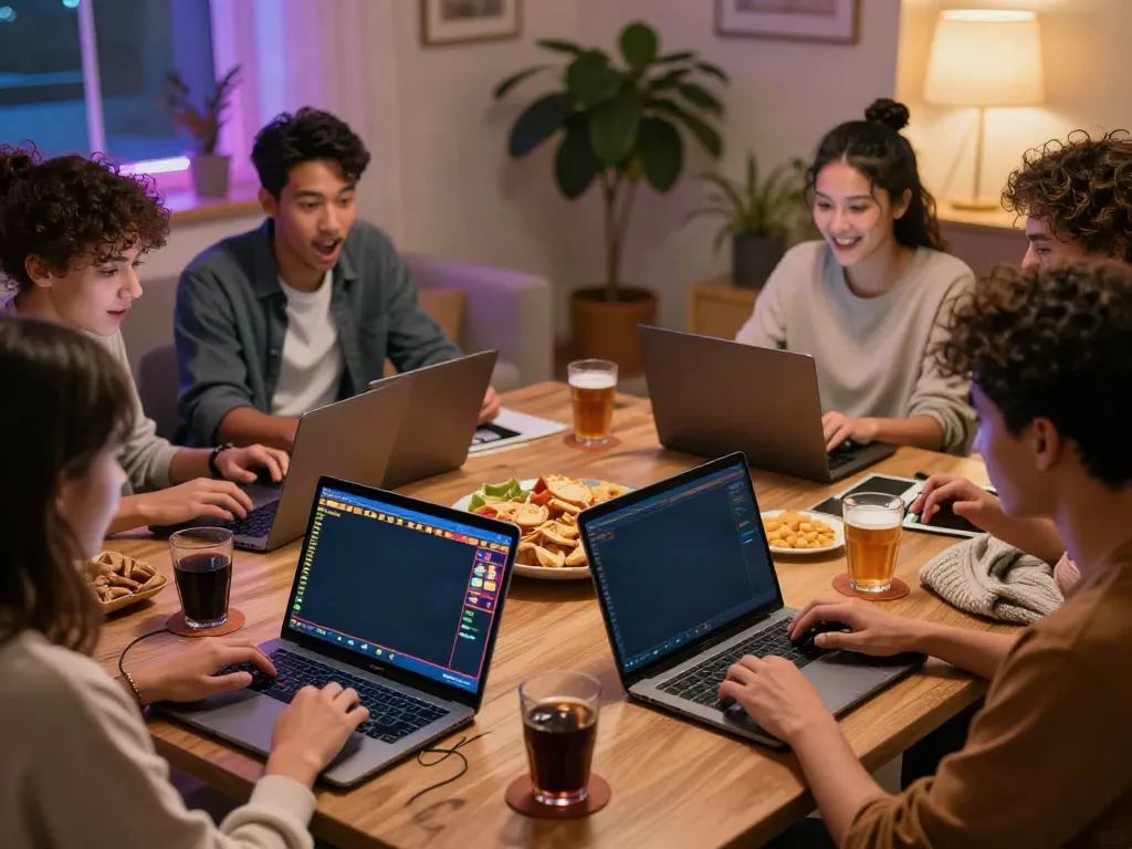 Kelompok muda bermain slot online NAGAHOKI303 di rumah, menunjukkan suasana santai yang menyenangkan.