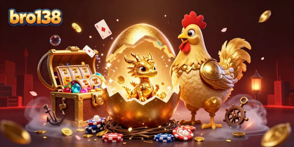 bro138 showcases a vibrant casino scene with a golden dragon and treasure, perfect for gambling players.