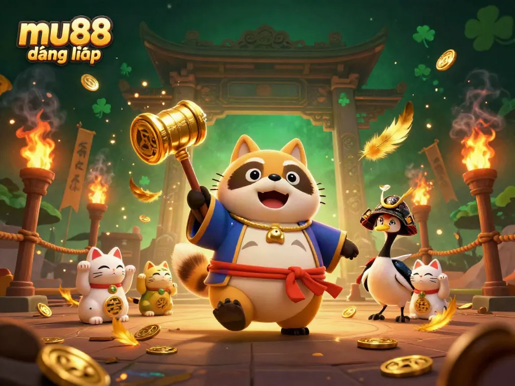Experience the joy of mu88 đăng nhập with a vibrant 3D illustration showcasing a cheerful tanuki and maneki-neko among casino elements.