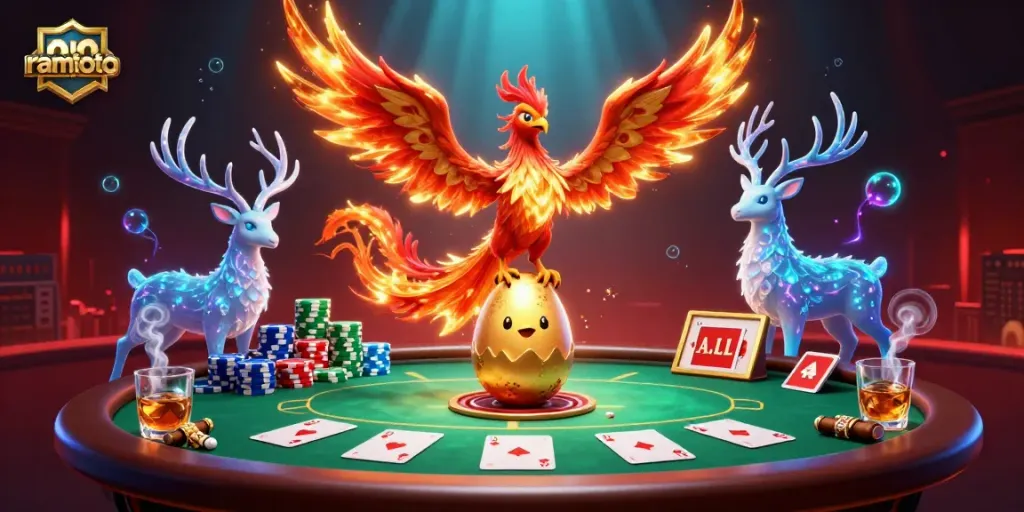 Ramtoto mengunggulkan permainan kasino dengan phoenix dan elemen poker dalam ilustrasi 3D yang memikat.