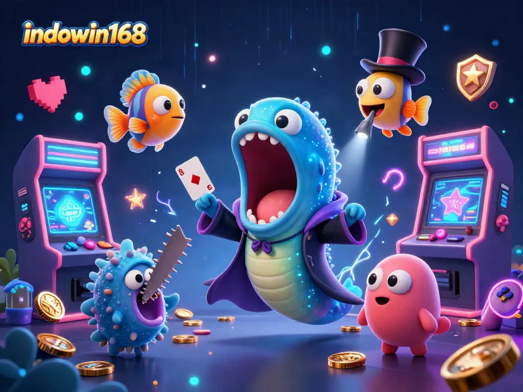 Engage with indowin168's thrilling casino magic featuring vibrant characters performing card tricks in a dynamic setting.
