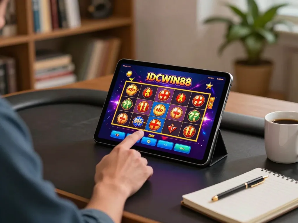 Engaging in strategic gameplay on IDCWIN88's casino app with colorful slot graphics.