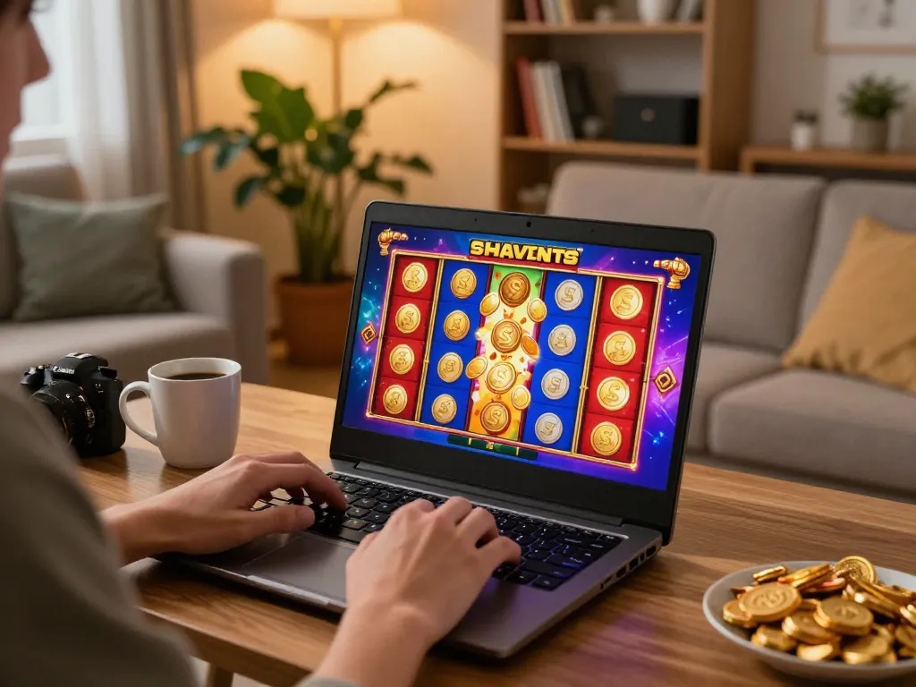 Engaged player enjoying LGOSUPER slots on a cozy gaming setup, showcasing winning excitement.