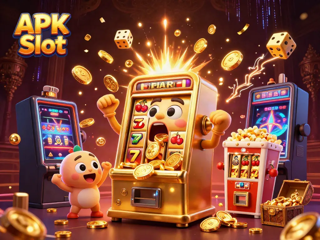 Experience the excitement of APK Slot with a vibrant 3D scene of winning slot machines and overflowing coins.