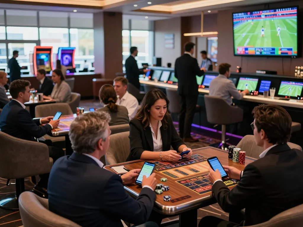 Xoilac sports enthusiasts placing bets in a vibrant casino lounge during top football matches.
