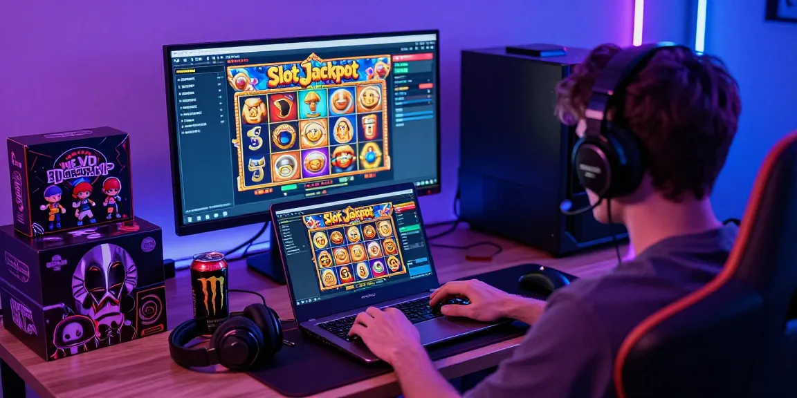 Player experiencing slot jackpot excitement in a vibrant gaming setup with engaging visuals and accessories.