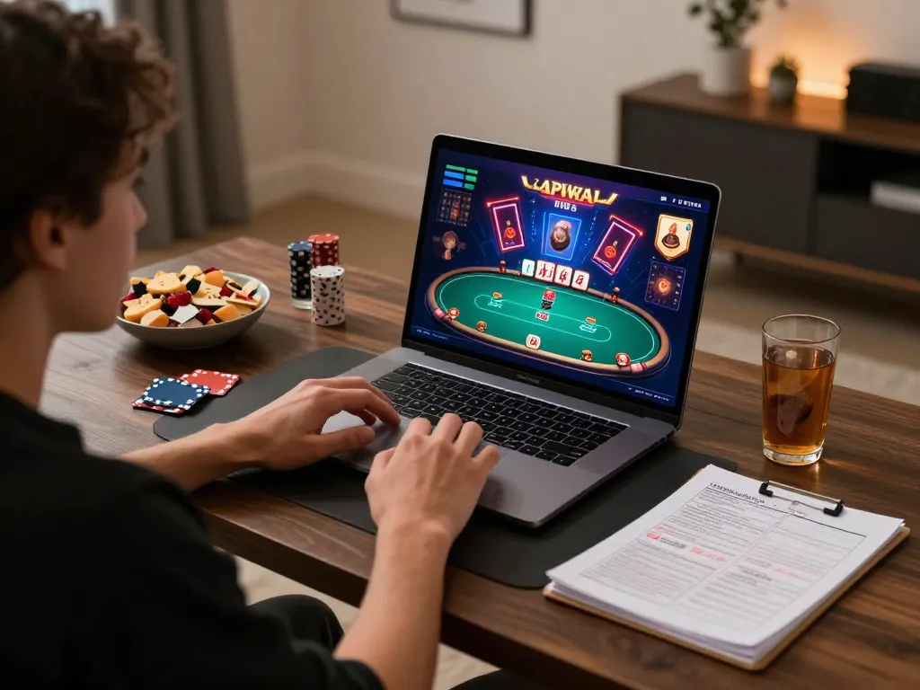 Kp88 player strategizing during online poker session at home with cozy setup