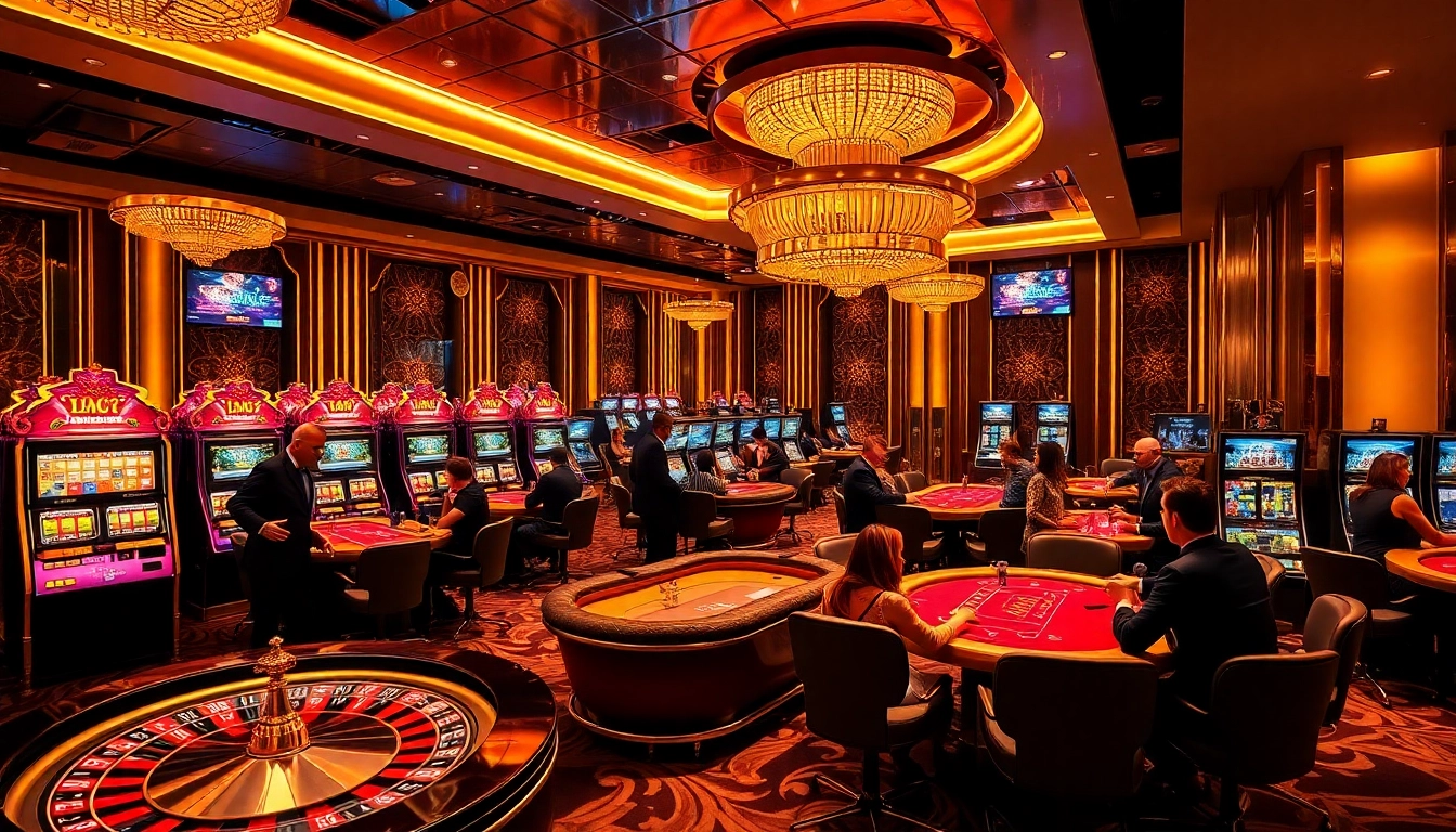 Players experiencing the excitement of BK8 at a luxurious casino with roulette wheels and poker tables.