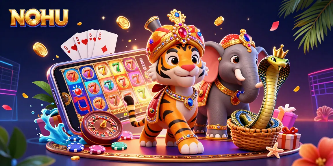 Experience the thrill of NOHU with a vibrant illustration featuring a tiger maharaja, elephant, and slot game excitement.