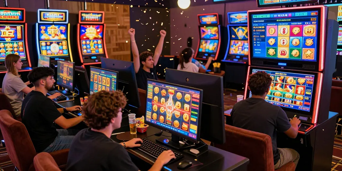 Exciting slot gaming scene showing players celebrating a big win on an online platform, with vibrant slot graphics.