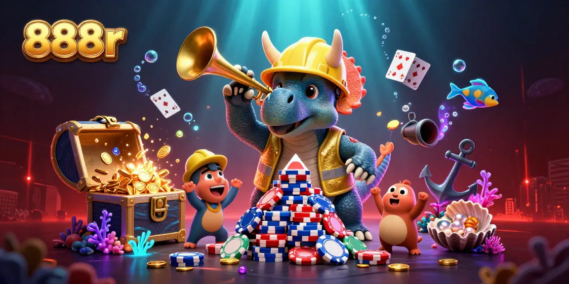 Engage in thrilling gameplay experiences with 888r featuring a cartoon triceratops celebrating amidst poker chips and underwater treasures.
