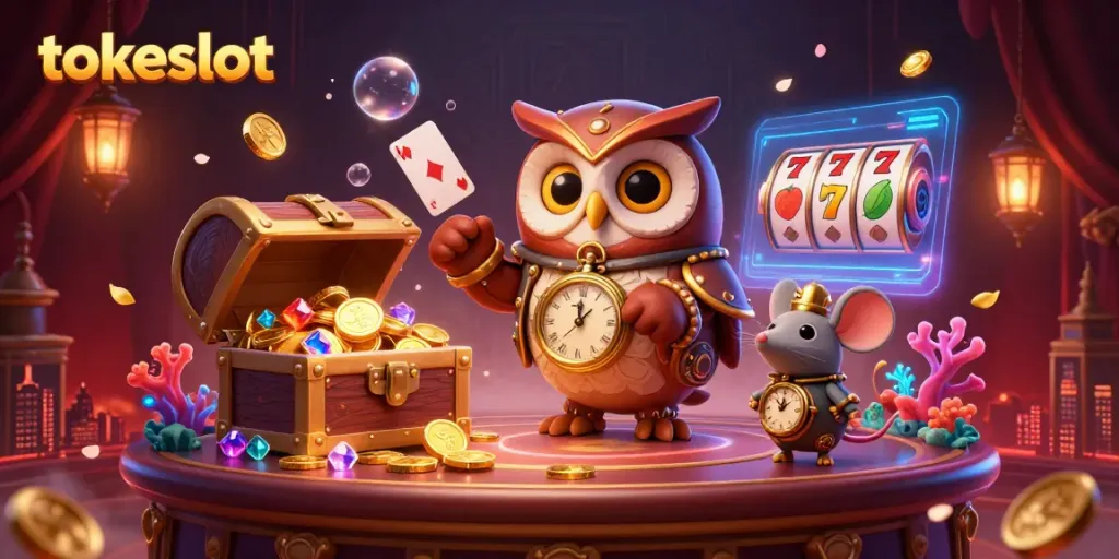 Tokeslot casino illustration featuring an owl and mouse in a vibrant gaming scene.