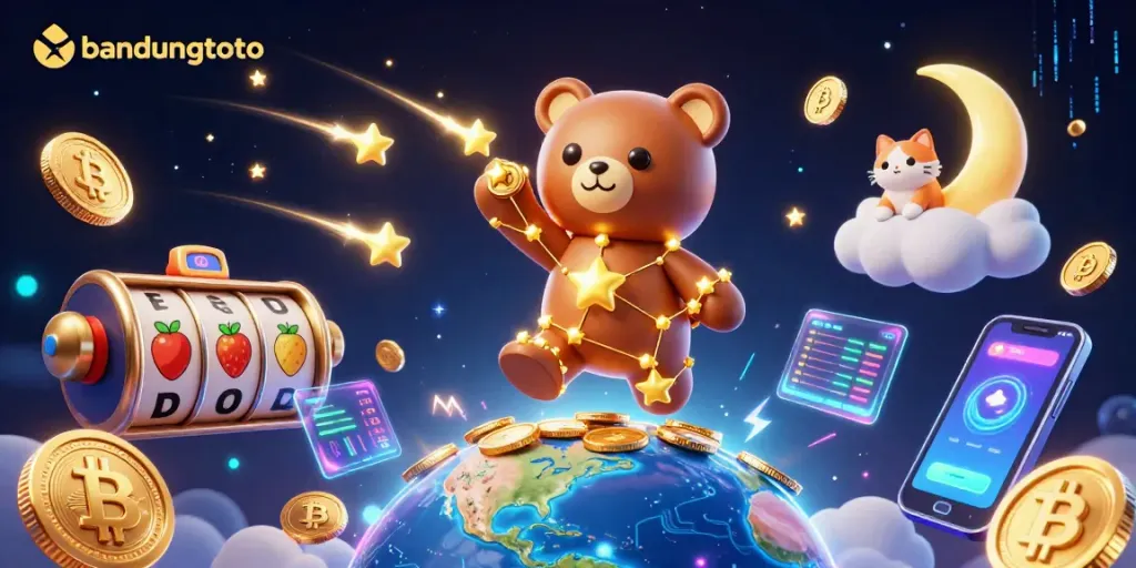 Engage in thrilling slot adventures with bandungtoto as golden stars and neon coins illuminate the sky.
