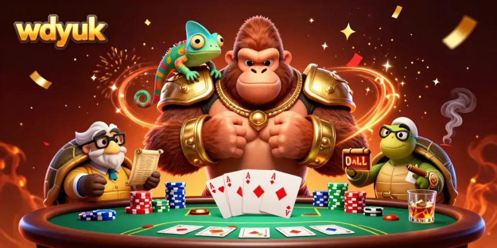 Engage in thrilling gambling with wdyuk's vibrant casino scene featuring a gorilla king and colorful characters.