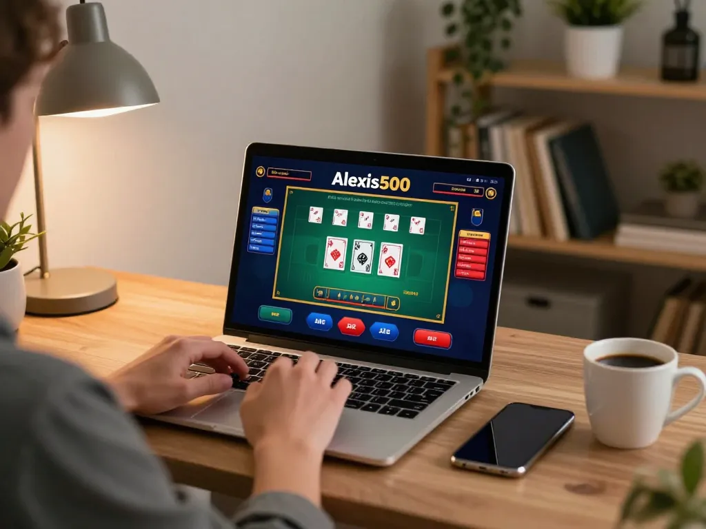 Pemain menikmati aplikasi kasino alexis500 di rumah dengan laptop dan kopi.