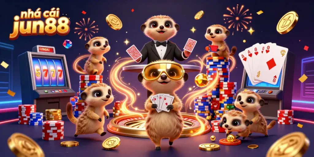 Join the fun at nhà cái jun88 with a vibrant 3D meerkat casino scene featuring games galore!