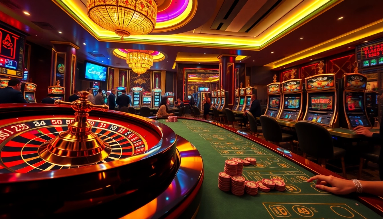 A dynamic casino scene with live gaming tables, showing players winning at https://sunwin.builders/ for an immersive gambling experience.