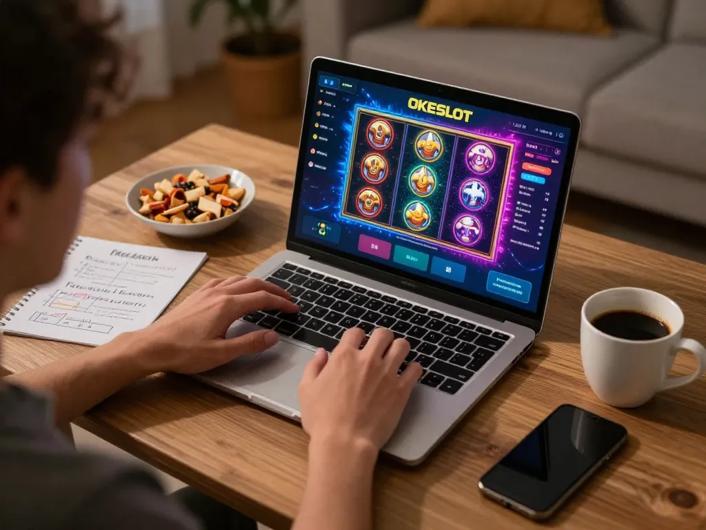 Engaging with OKESLOT online gaming platform on a laptop in a cozy home setting
