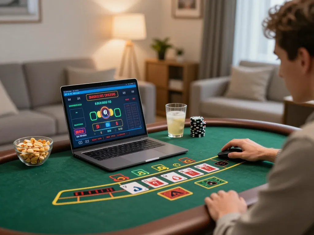 Player engaging in fun79 online blackjack, showcasing strategic gameplay in a cozy home setting.