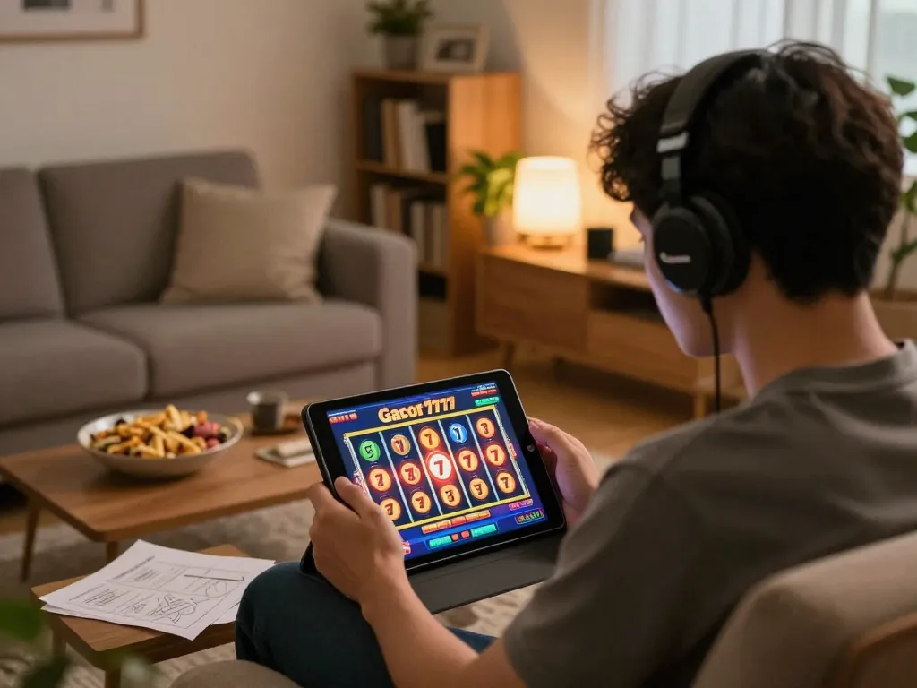 SLOT GACOR 777 player celebrating a win on a tablet in a cozy home gaming setup