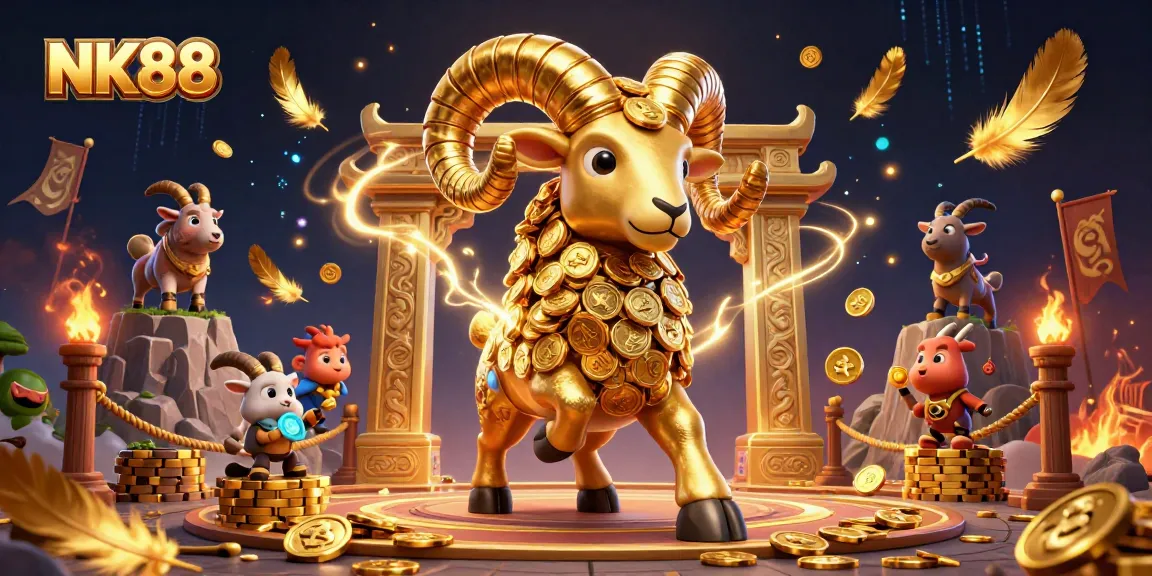 Engage in thrilling casino adventures with NK88's vibrant golden ram charging through a lavish gaming arena.