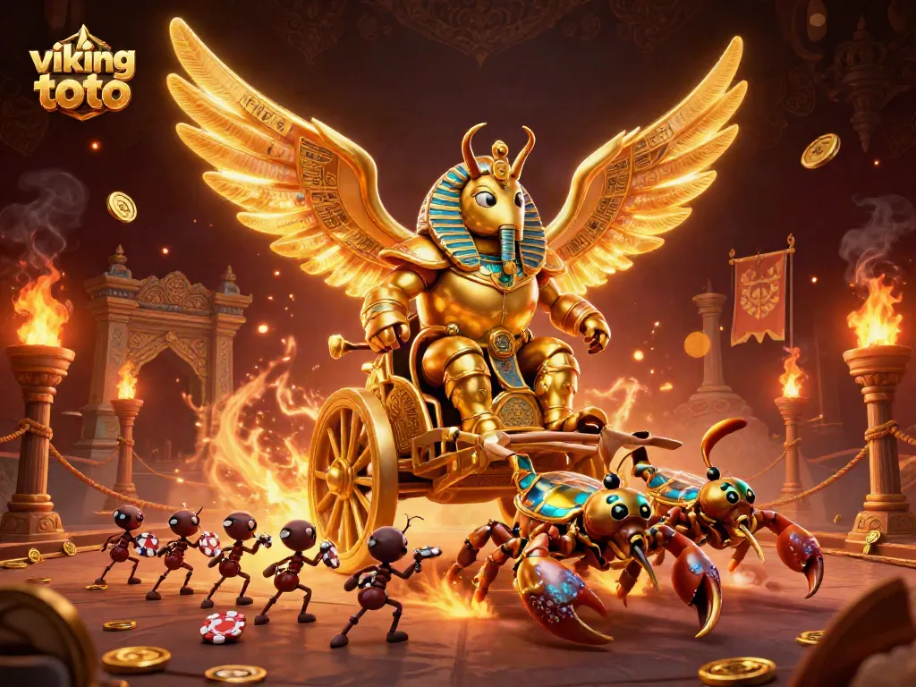 Experience viking toto's exciting gameplay with this dynamic illustration featuring a golden beetle character.