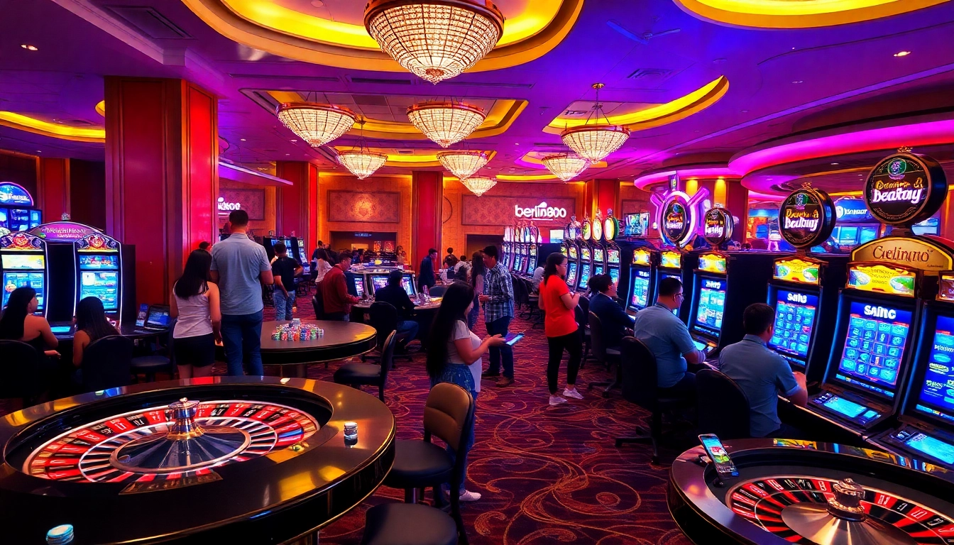 Gamblers enjoying the vibrant atmosphere of berlian888's luxurious slot area filled with colorful machines.