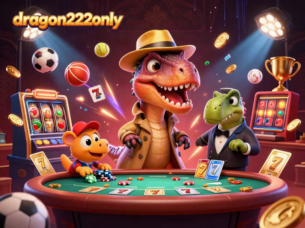 Experience the excitement of dragon222only with a velociraptor at the blackjack table amidst gaming elements.