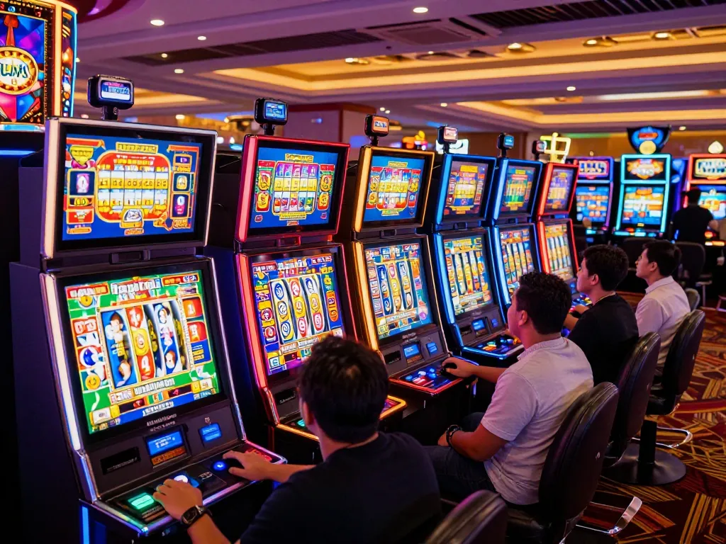 Engaged players enjoying Rajabet123 Slot at a vibrant casino slot area with dynamic gameplay.
