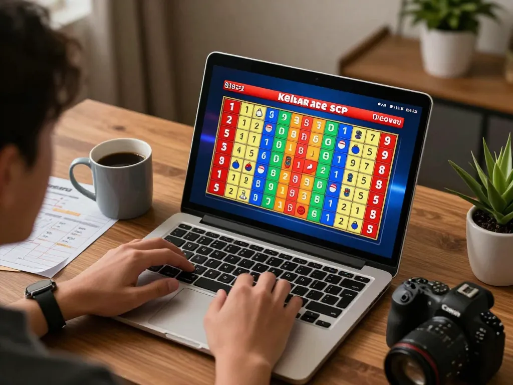 Engaging online lottery session displaying keluaran sgp results on a laptop in a warm home office.