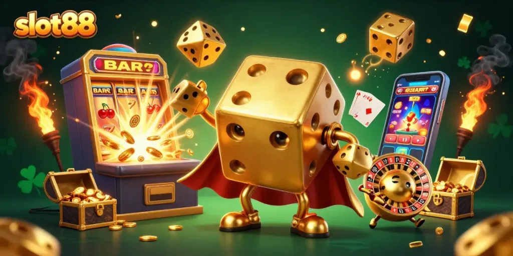 Experience the thrill as slot88 reveals vibrant casino elements amidst a golden jackpot explosion.