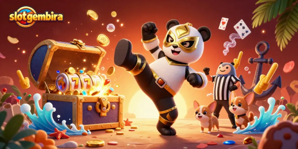 slotgembira showcases a thrilling 3D casino scene with a wrestling panda and vibrant gambling elements.
