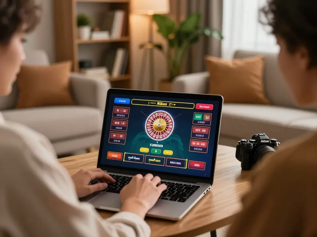Engaging in an online live dealer game experience with LGOLUX in a cozy home setting.