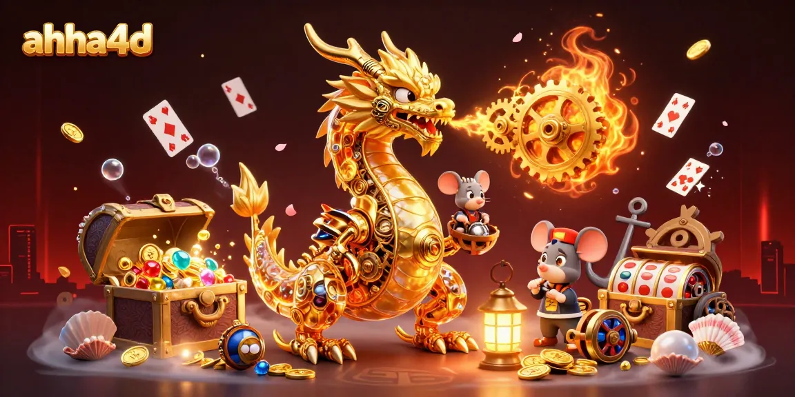Experience thrilling gameplay with ahha4d's 3D dragon unleashing gears and gold amidst exciting casino elements.
