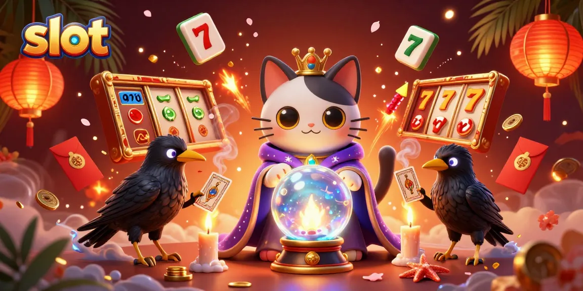 Experience thrilling slot action with a mystical fortune teller cat and vibrant casino elements.