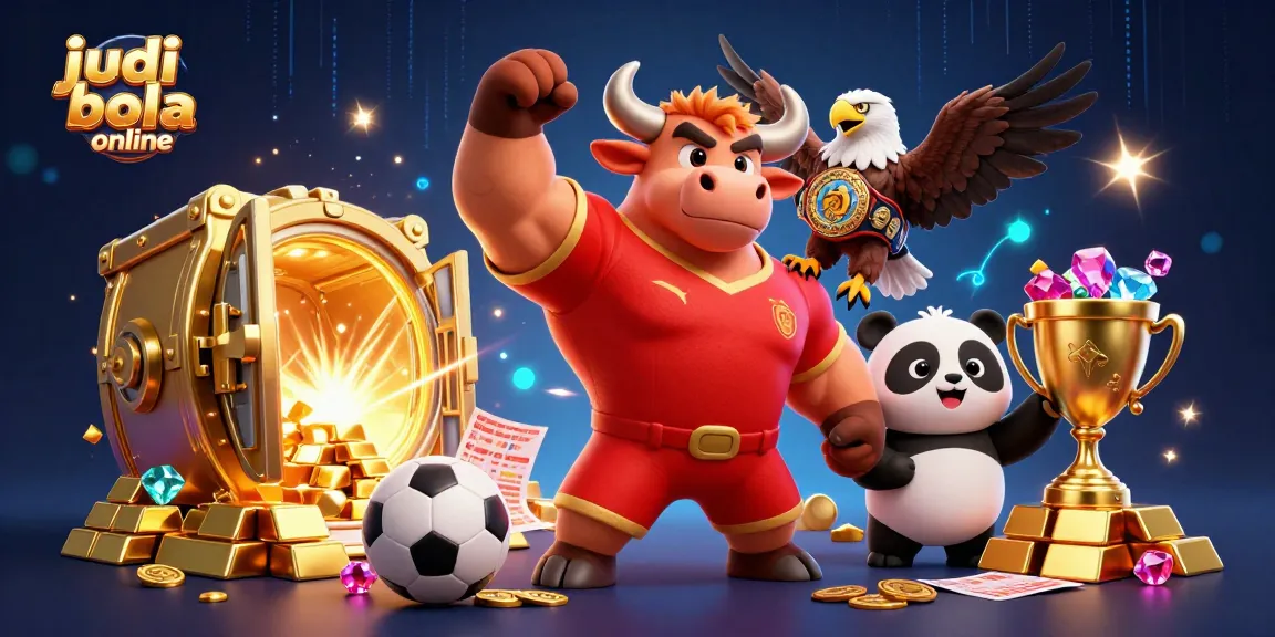 Bet on judi bola online with thrilling sports elements featuring a victory pose bull mascot and a cheering panda.