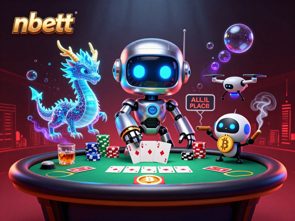 Play online games with nbett, showcasing a playful cyberpunk robot and dragon in a vibrant casino setting.