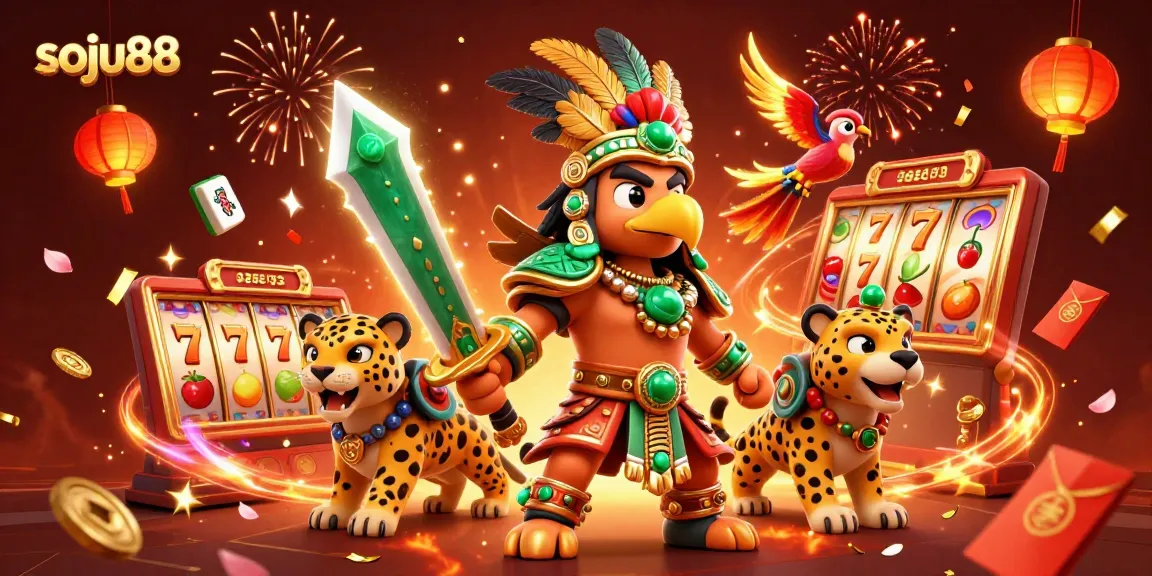 Experience the thrill of soju88 with vibrant 3D Aztec warriors amid spinning slot reels and festive elements.