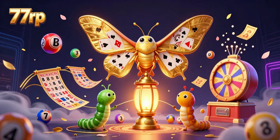 Experience exciting games at 77rp with vibrant lottery balls, golden wheels, and casino scenes.